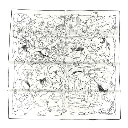 Hermes Silk Mille Et Un Lapins Scarf 90 White Black 1 of 5