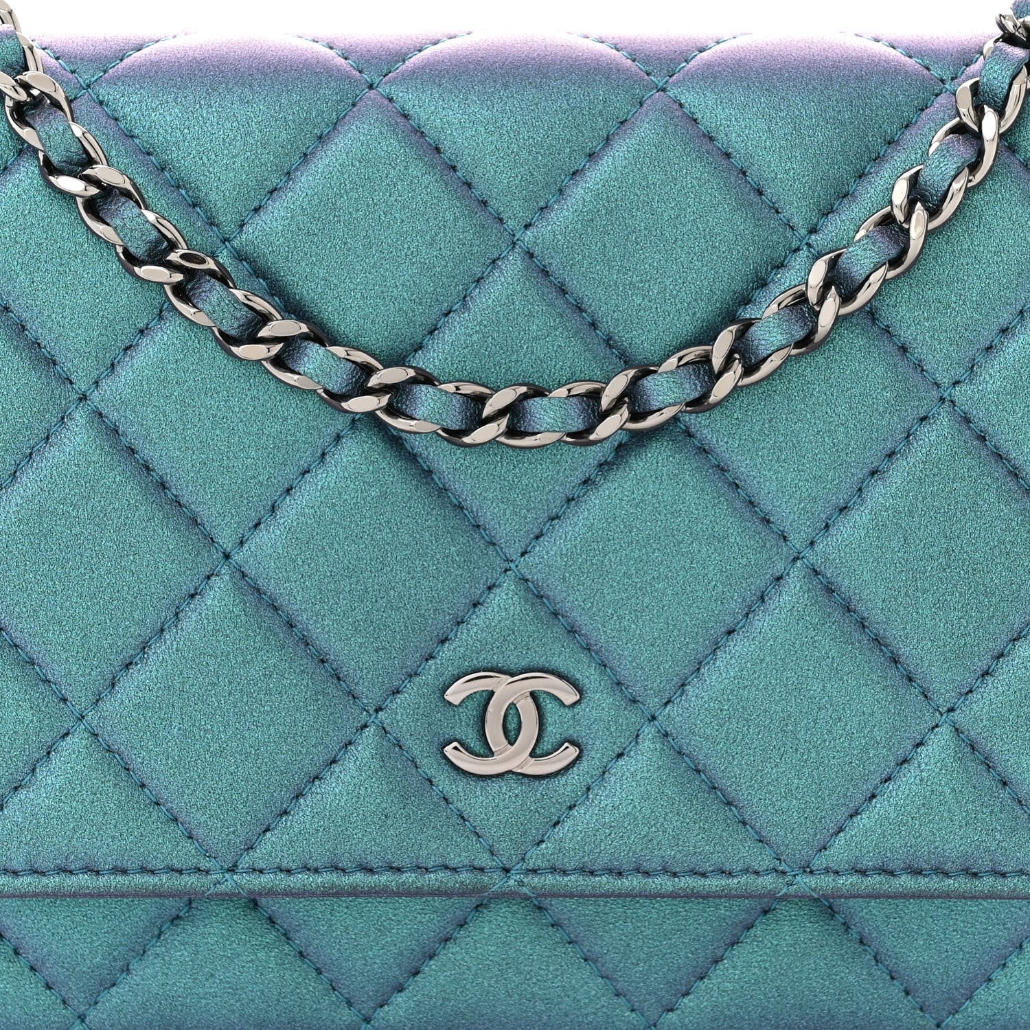 Chanel Iridescent Lambskin Quilted Wallet On Chain WOC Turquoise 9 of 12