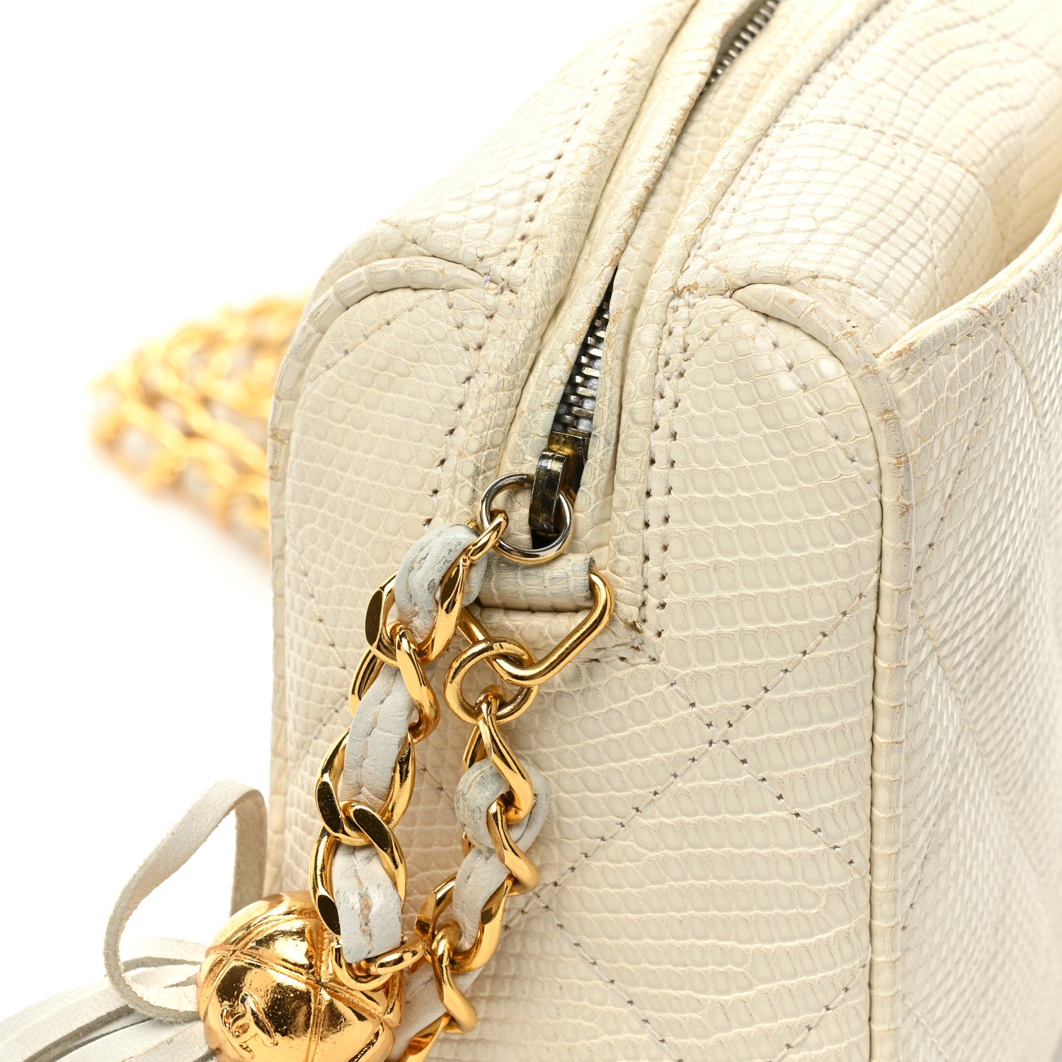 Chanel Lizard Diamond Quilted Tassel Camera Case White 16 of 21