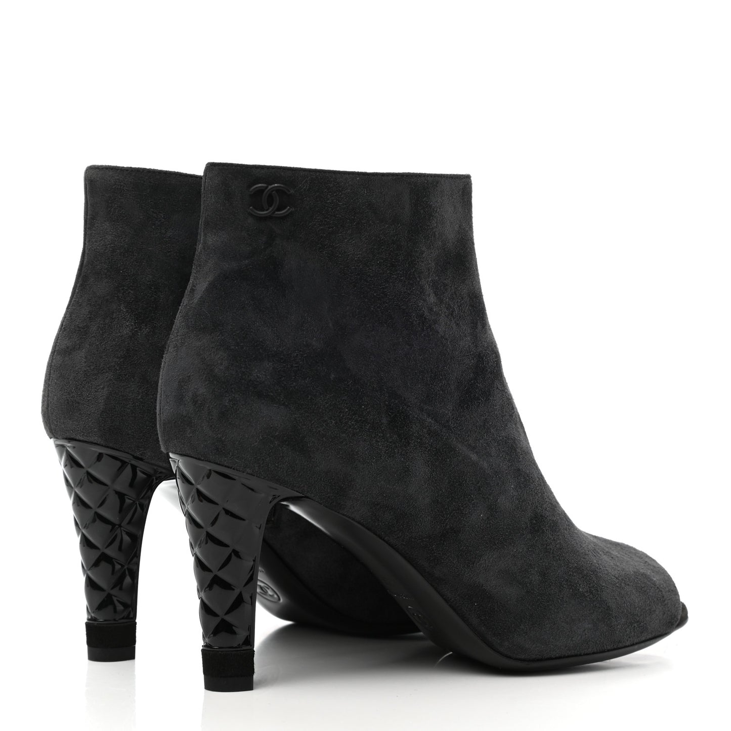 Suede Calfskin Patent Quilted Peep Toe Short Boots 37 Dark Grey
