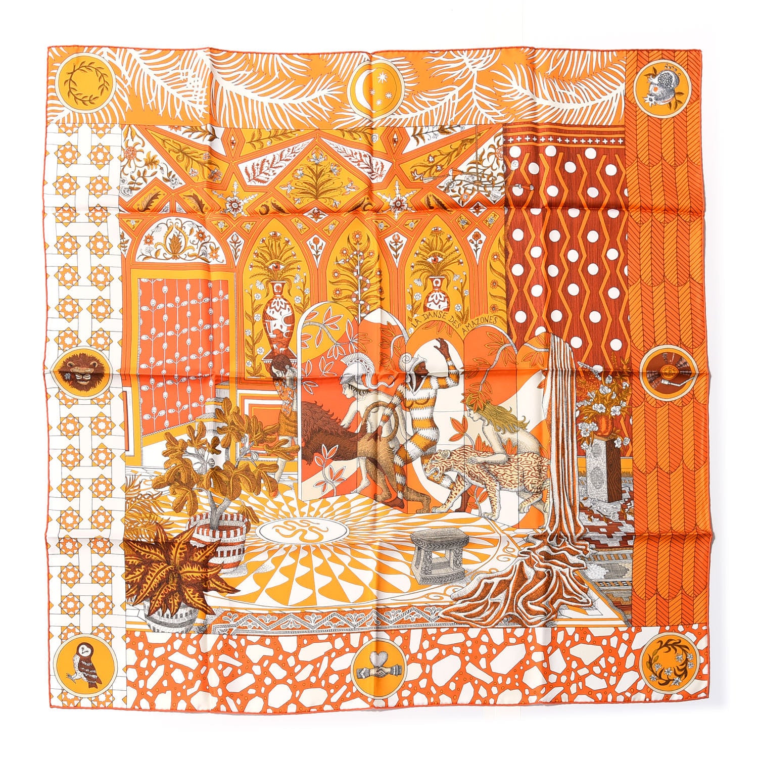 Hermes Silk La Danse Des Amazones Scarf 90 Orange Brun White 2 of 12