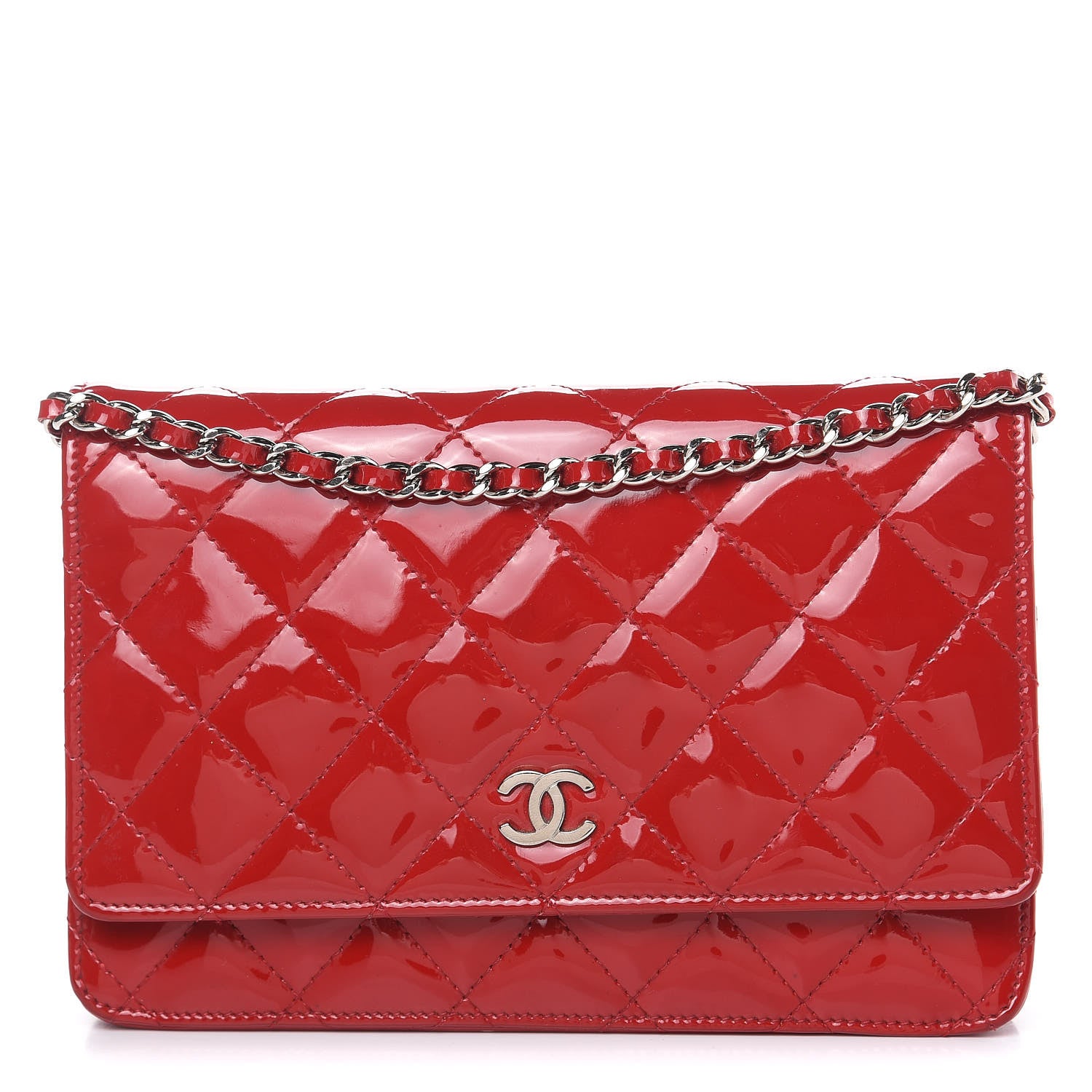 Chanel Patent Quilted Wallet On Chain WOC Red 1 of 19