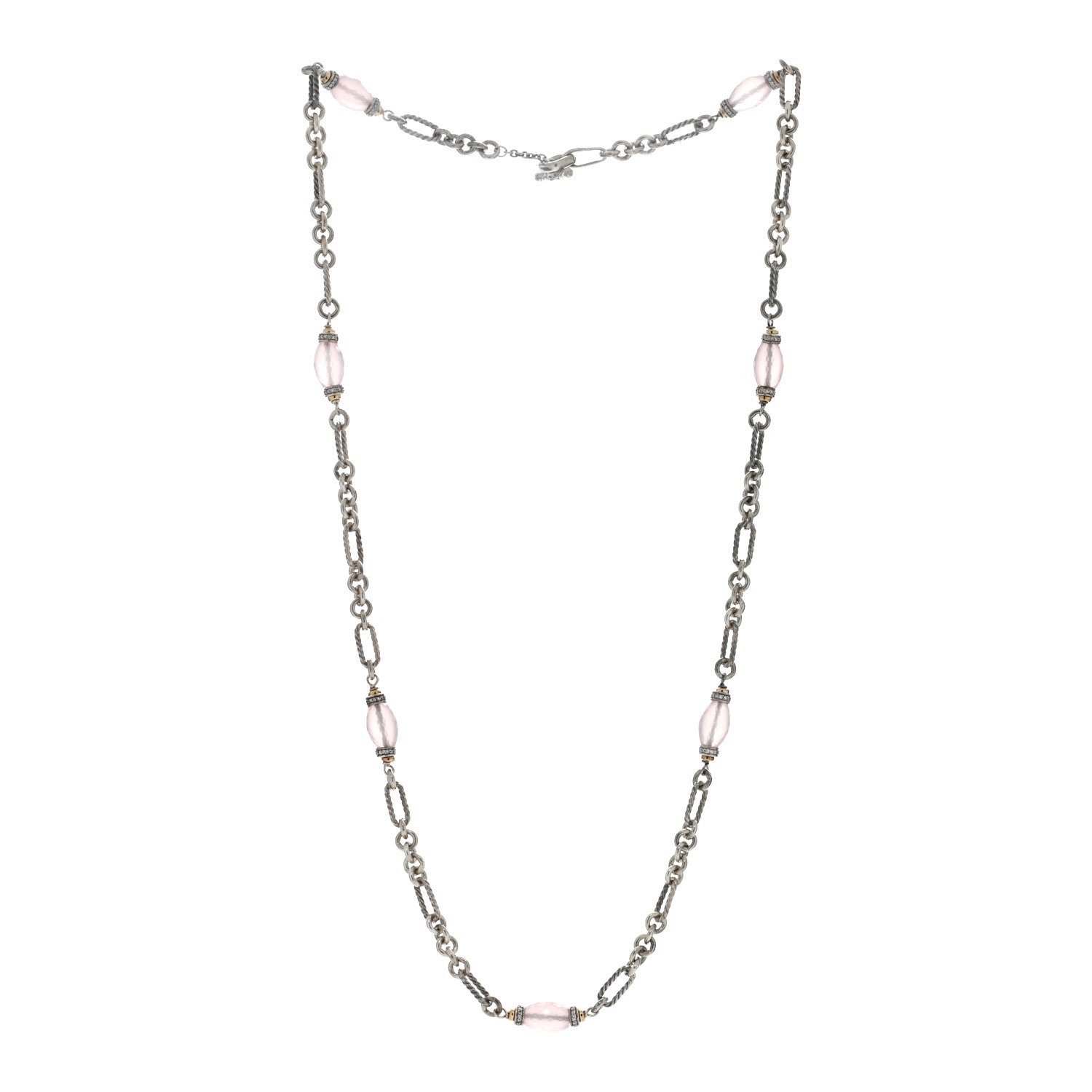 David Yurman Sterling Silver 18K Yellow Gold Diamond Rose Quartz Figaro Chain Long Necklace 2 of 4