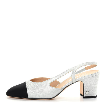 Chanel Metallic Lambskin Grosgrain Cap Toe CC Slingback Sandals 38 Black Silver 1 of 11