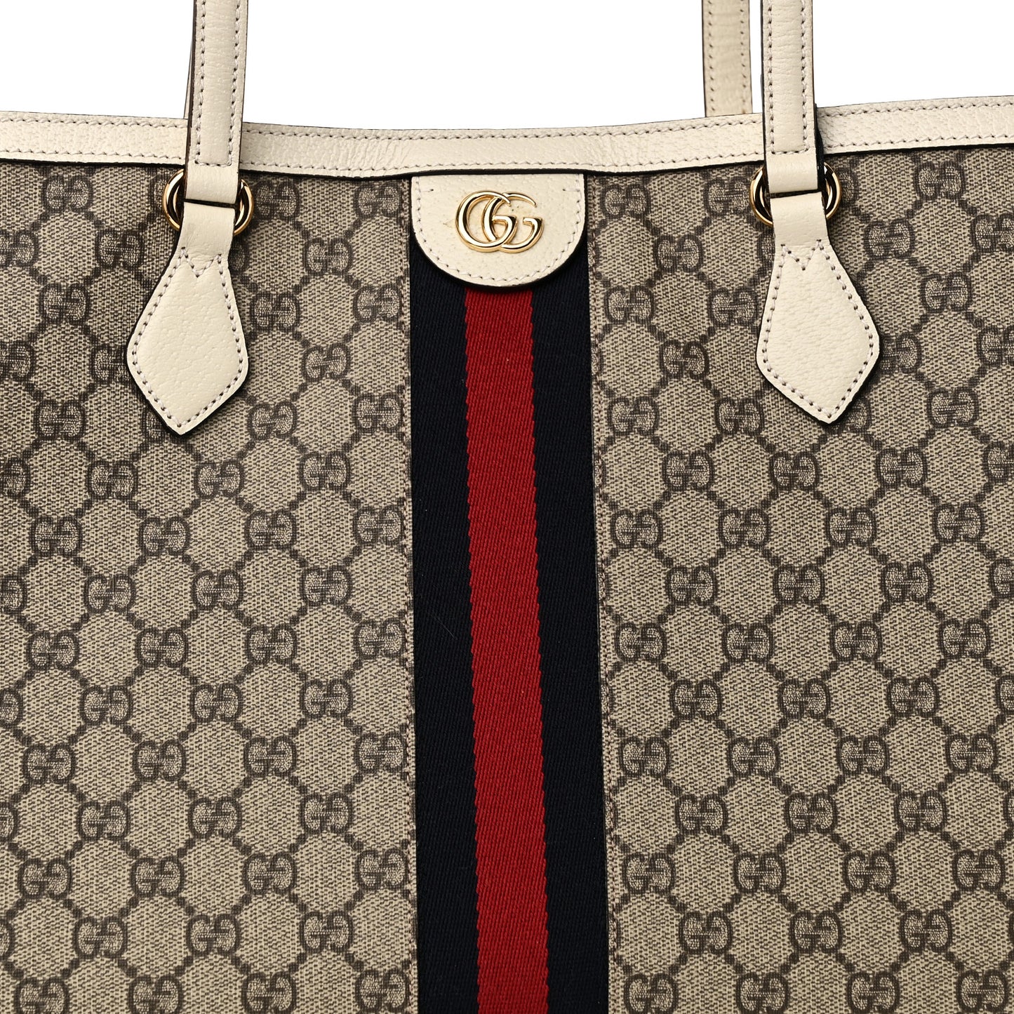 GG Supreme Monogram Textured Dollar Calfskin Web Medium Ophidia Shopping Tote Beige Ebony Mystic White
