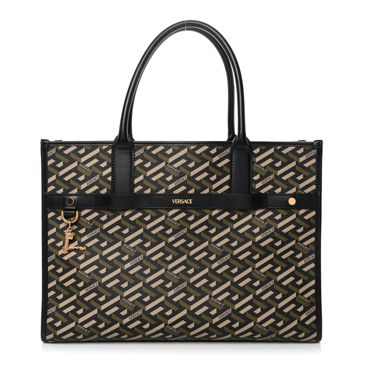 Coated Canvas Calfskin La Greca Signature Tote Bag Black Khaki