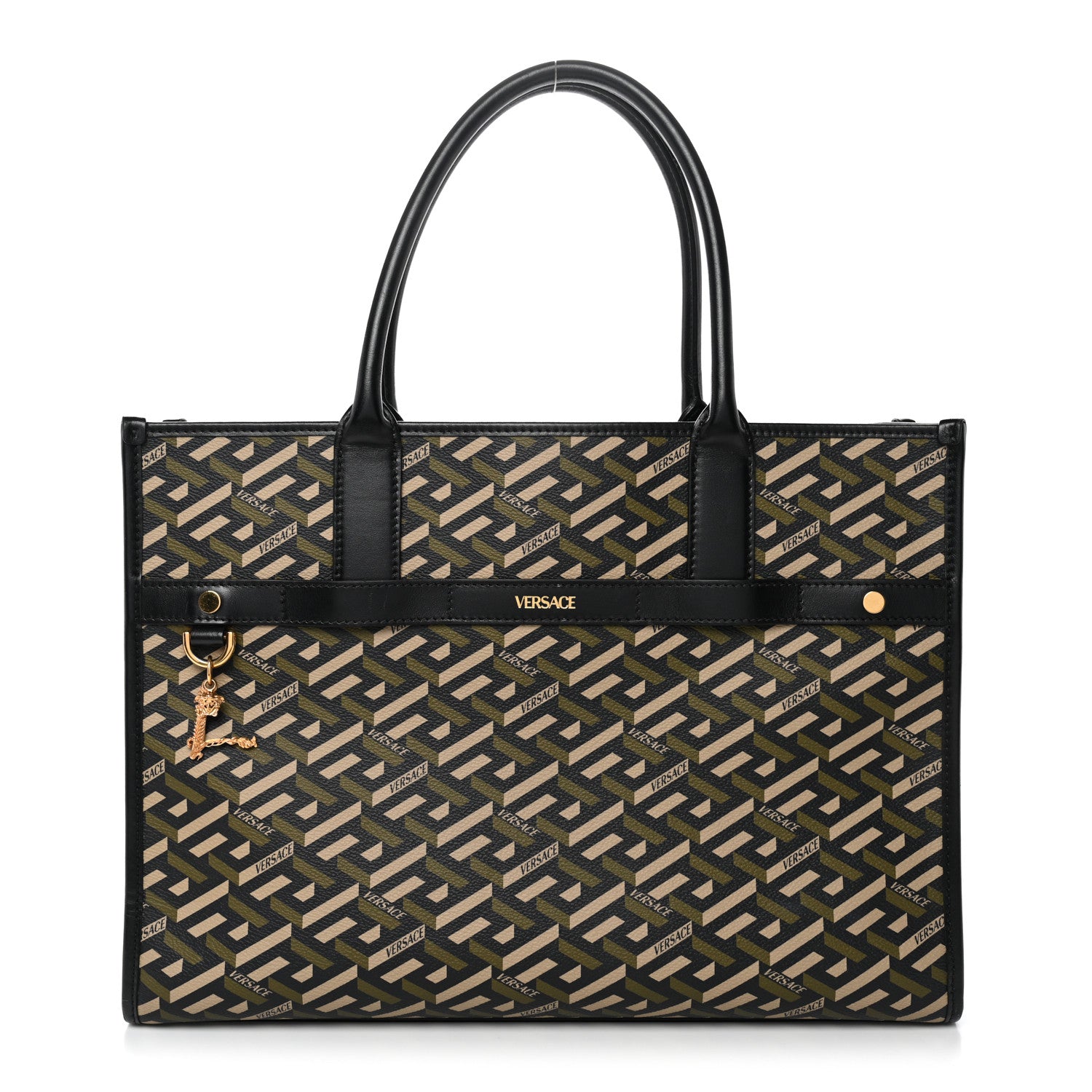 Versace Coated Canvas Calfskin La Greca Signature Tote Bag Black Khaki 1 of 14