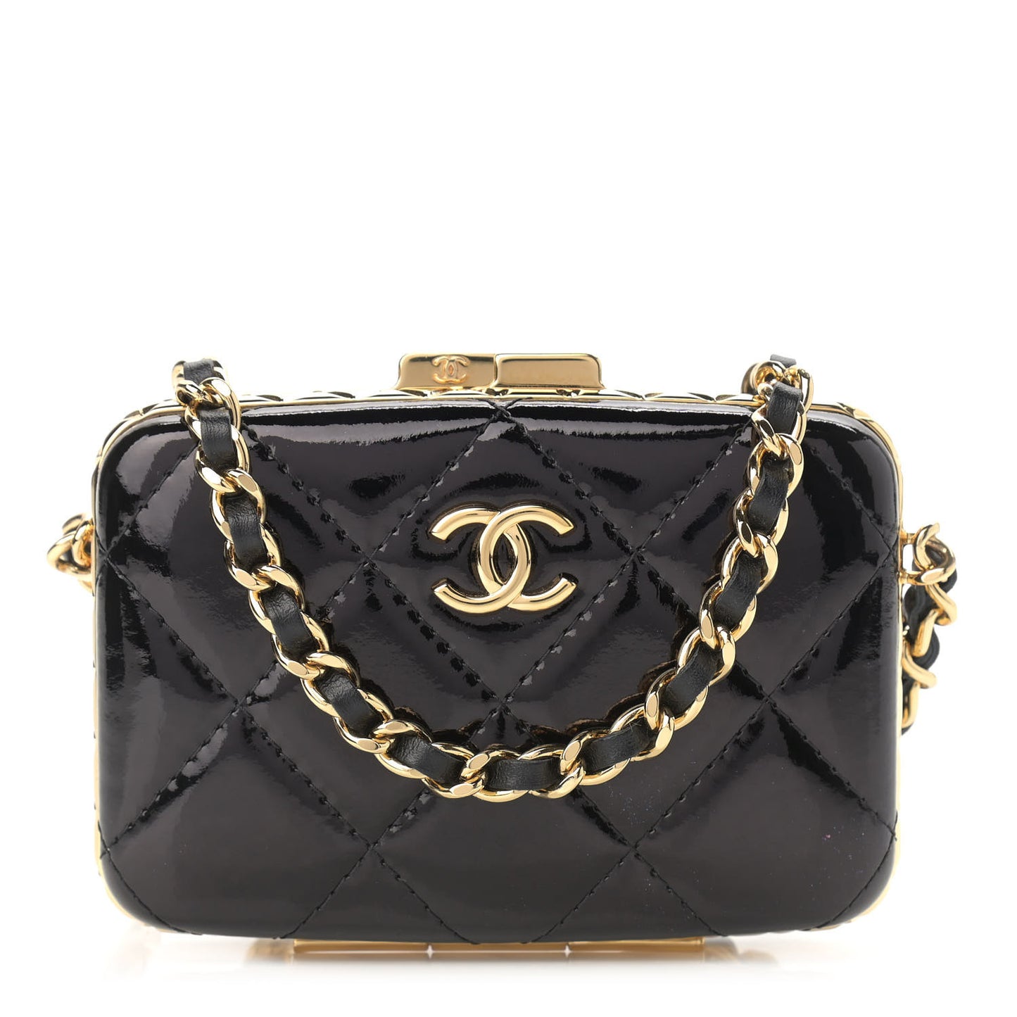 Glazed Goatskin Quilted Small Box With Chain Black