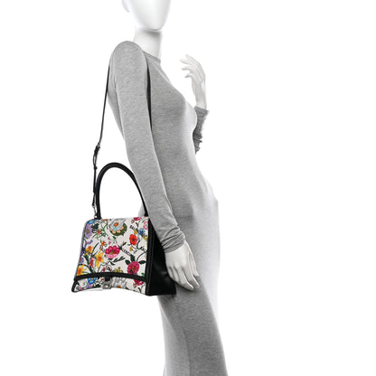 Balenciaga X GUCCI Canvas Boarded Plutone Calfskin Flora Logo Print Medium Hourglass Top Handle Bag White Multicolor Black 2 of 14
