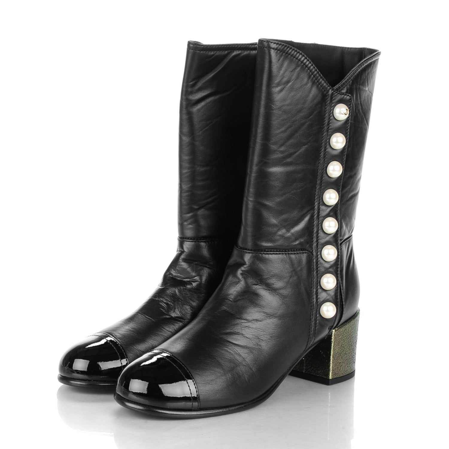 Chanel Calfskin Patent Pearl Cap Toe Boots 39 Black 3 of 9