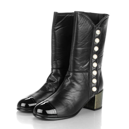 Chanel Calfskin Patent Pearl Cap Toe Boots 39 Black 3 of 9