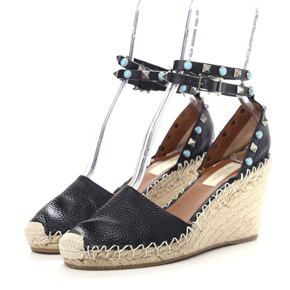 Valentino Garavani Grained Calfskin Turquoise Rockstud Rolling Ankle Wrap Espadrille 15/85mm Wedges 36 Black 3 of 12