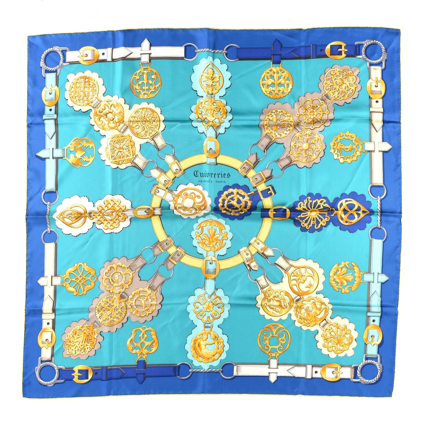 Silk Cuivreries Scarf 90 Turquoise Fonce Cobalt Jaune