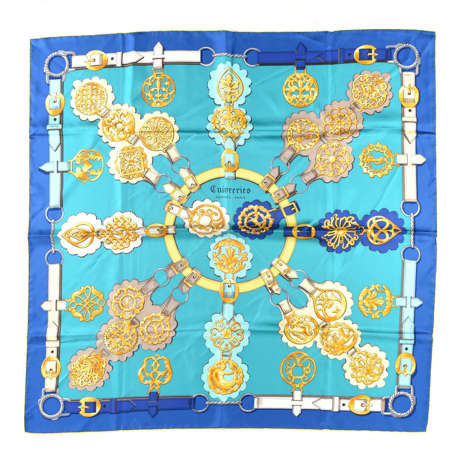 Hermes Silk Cuivreries Scarf 90 Turquoise Fonce Cobalt Jaune 1 of 4