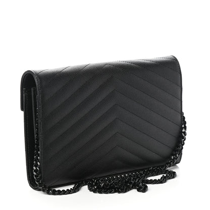 Saint Laurent Grain De Poudre Matelasse Chevron Monogram Chain Wallet Black 3 of 8