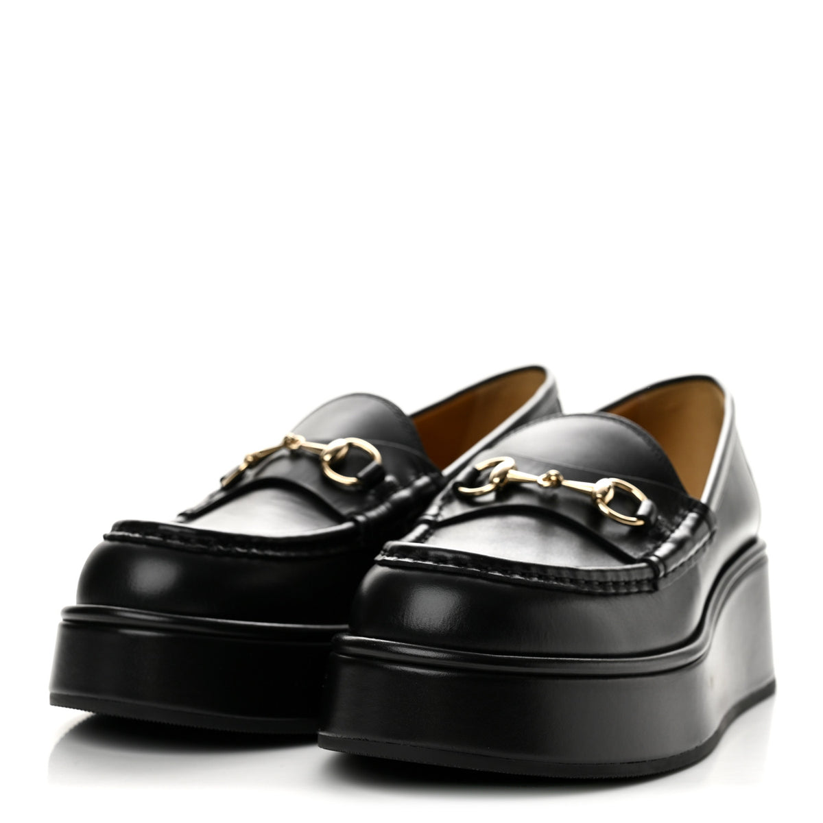 Gucci Kama Calfskin Horsebit Womens Wedge Platform Loafers 37 Black 4 of 10
