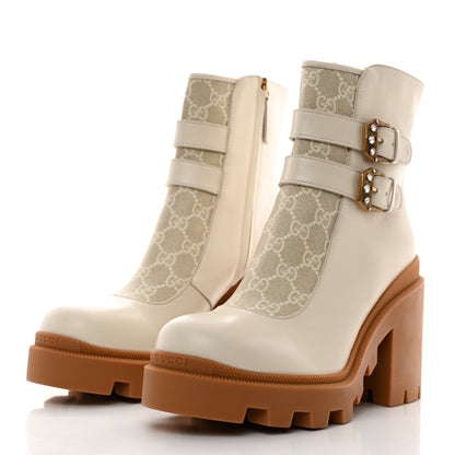 Gucci Kensington Calfskin Nappa GG Supreme Monogram Womens Double Buckle Ankle Boots 41 Mystic White Beige 3 of 9