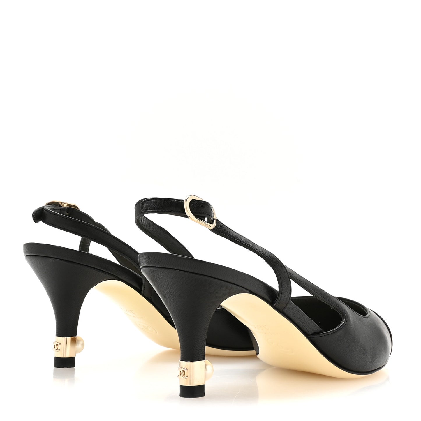 Lambskin Satin Cap Toe CC Slingback Heels 35.5 Black