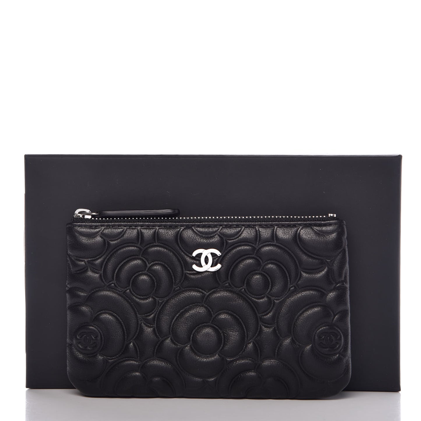 Goatskin Camellia Embossed Cosmetic Pouch Black