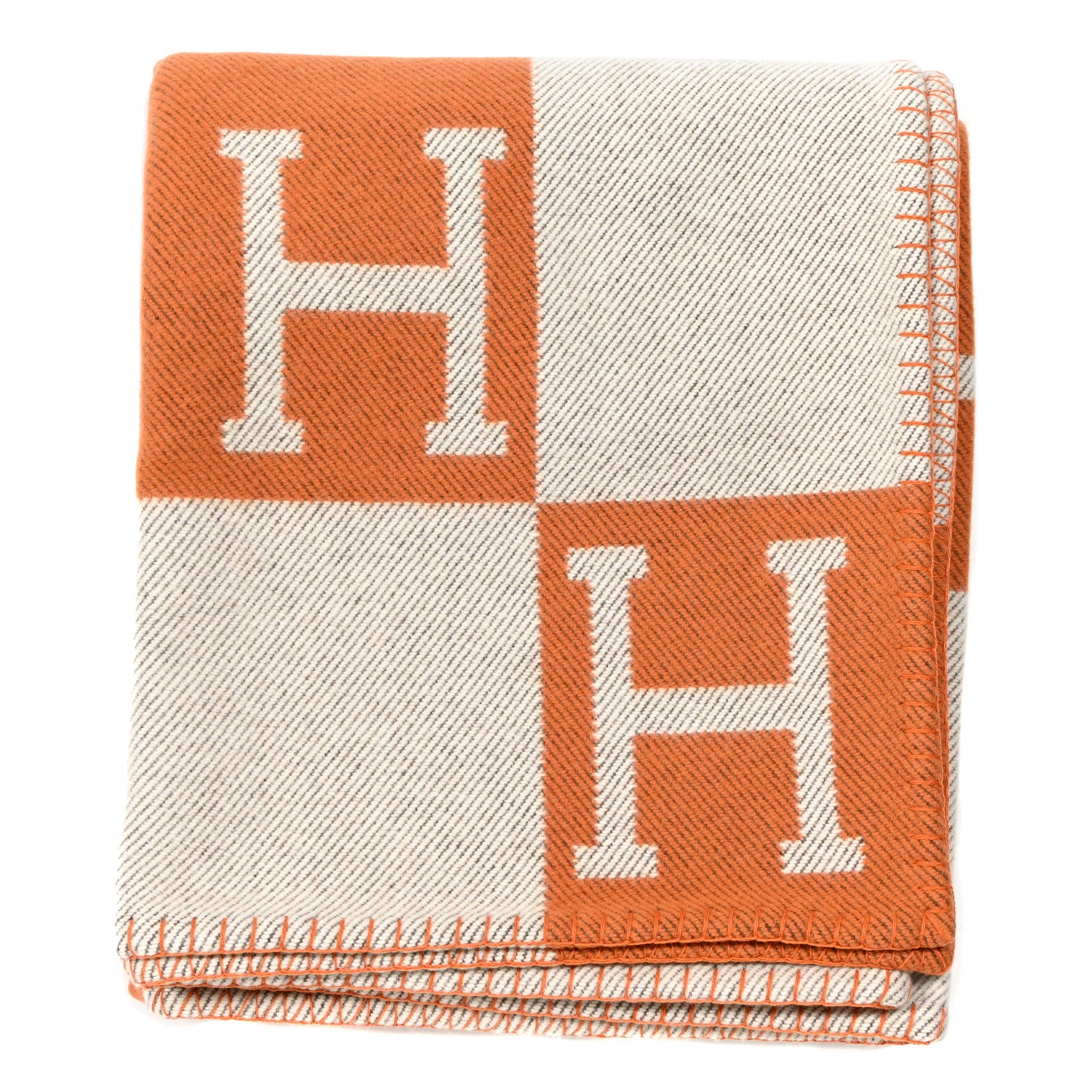 Hermes Wool Cashmere Signature Classic Avalon Blanket Ecru Potiron 1 of 3