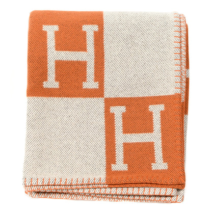 Hermes Wool Cashmere Signature Classic Avalon Blanket Ecru Potiron 1 of 3