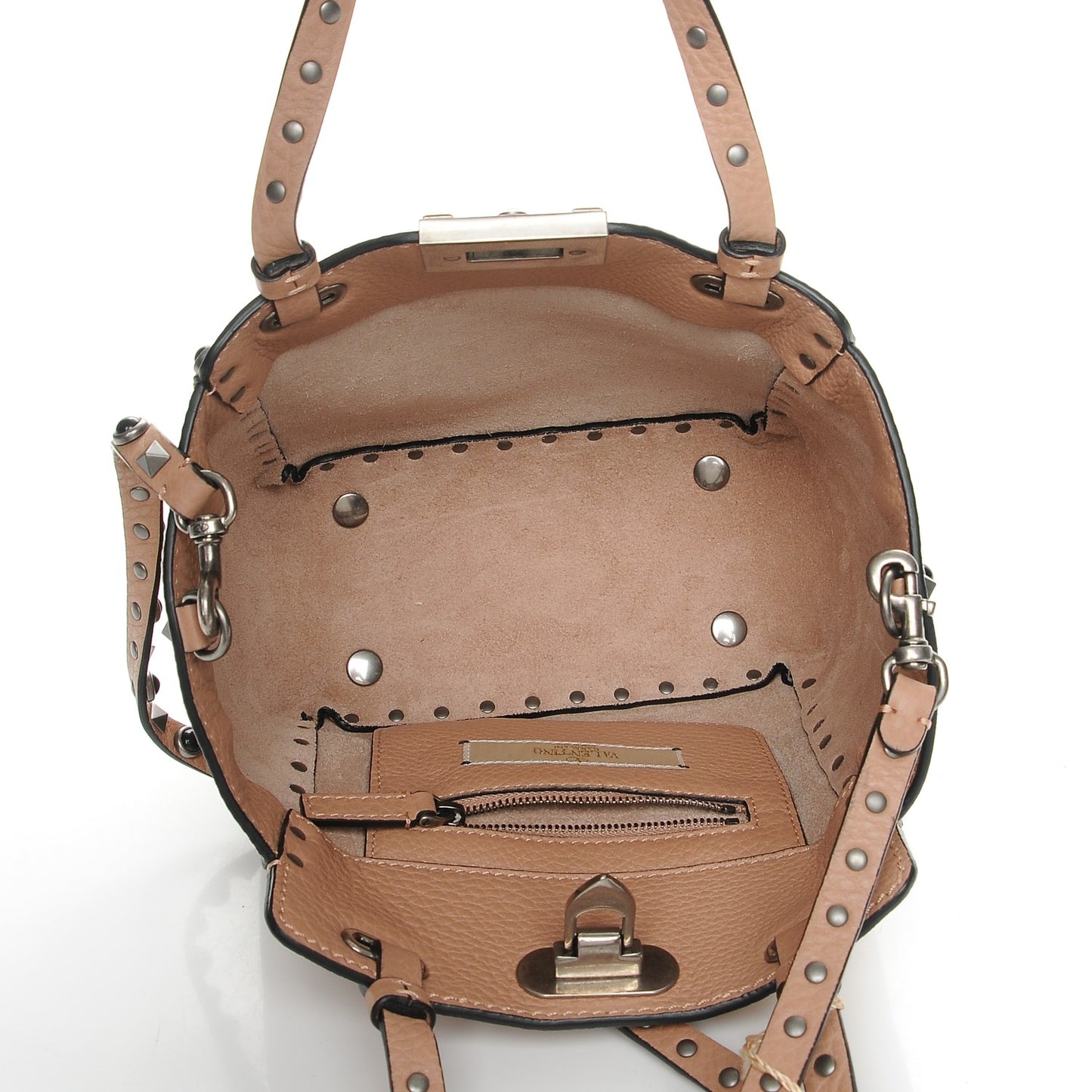 Pebbled Calfskin Mini Rockstud Rolling Tote Soft Noisette