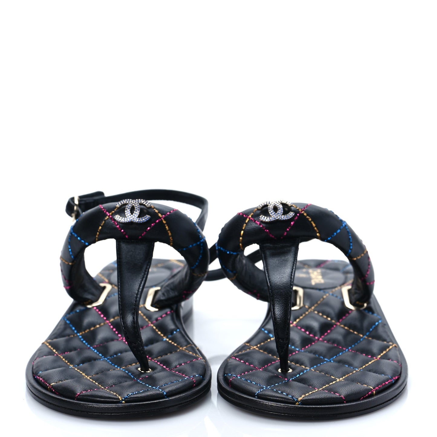 Lambskin Crystal Rainbow Stitched CC Thong Sandals 35.5 Black