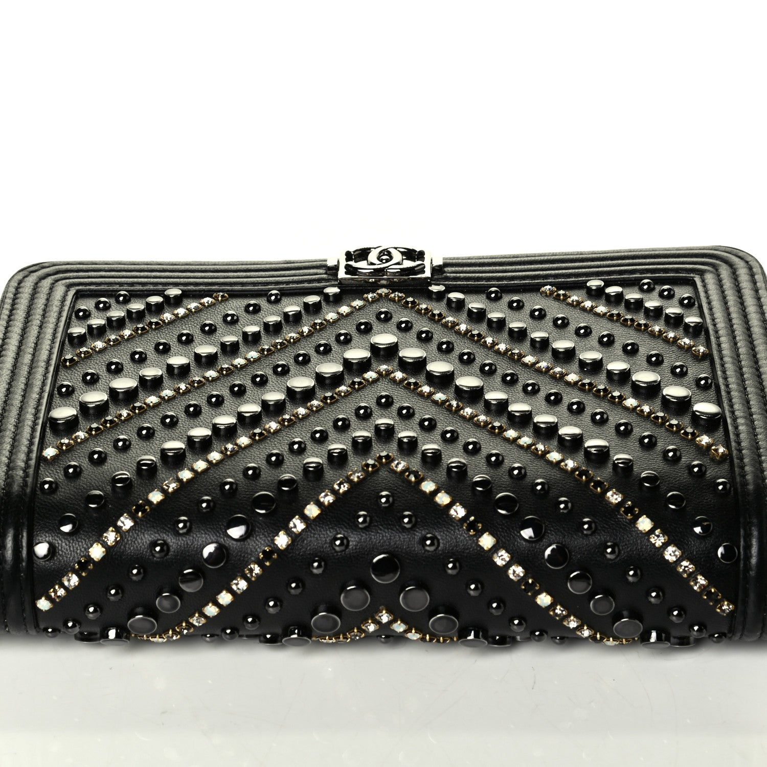 Chanel Calfskin Crystal Studded Chevron Boy Wallet On Chain WOC Black 6 of 6