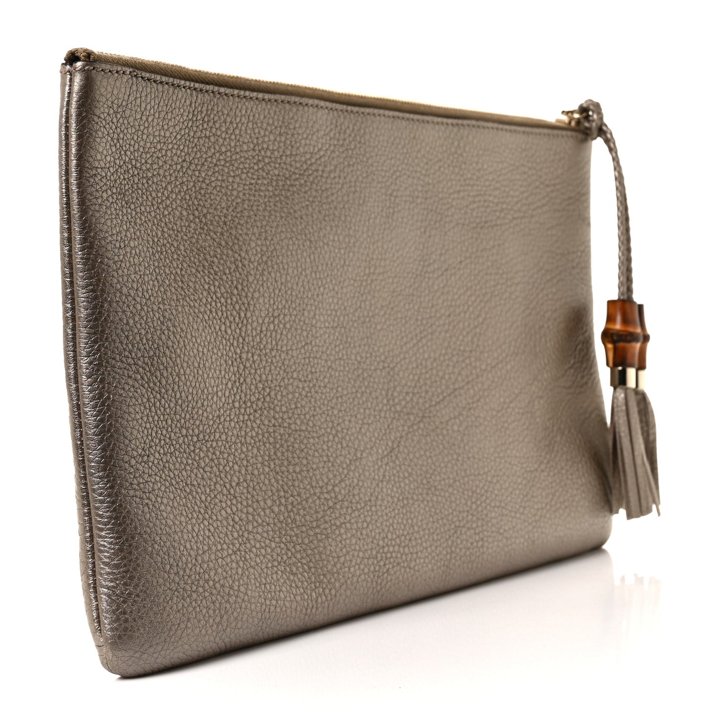 Metallic Pebbled Calfskin Large Bamboo Clutch Gold