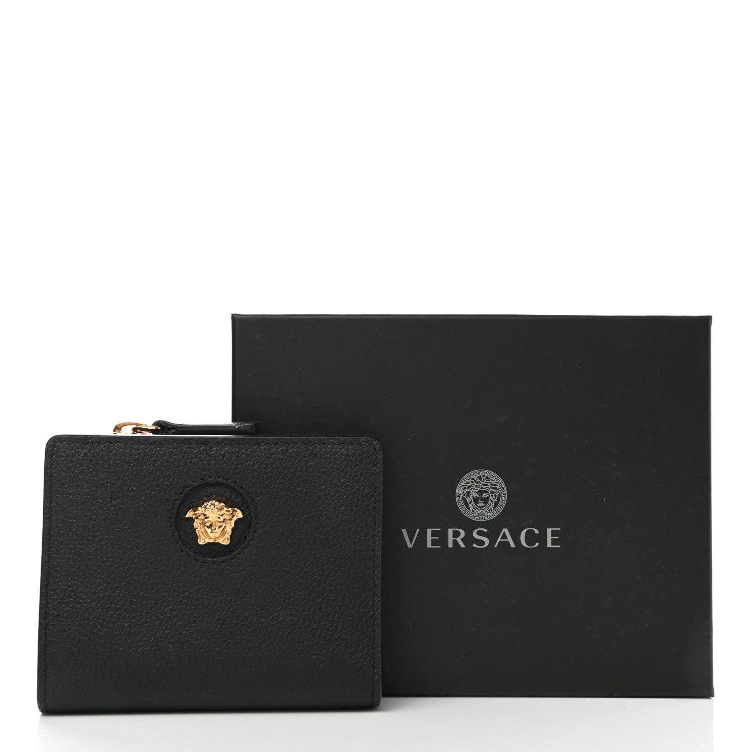 Versace Grained Calfskin Medusa Zip Card Holder Wallet Black 7 of 7