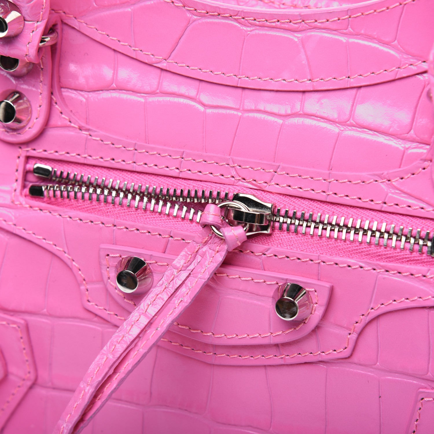 Balenciaga Shiny Supple Calfskin Crocodile Embossed Classic Silver Hardware Mini City Baby Pink 19 of 32
