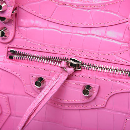 Balenciaga Shiny Supple Calfskin Crocodile Embossed Classic Silver Hardware Mini City Baby Pink 19 of 32