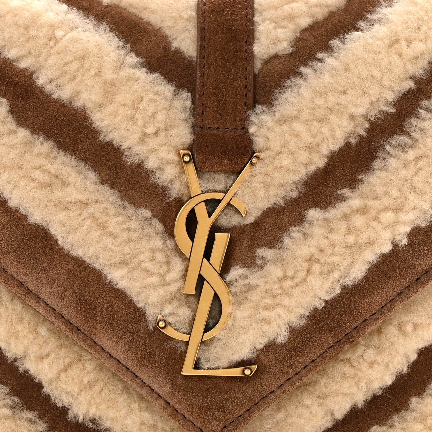 Saint Laurent Nubuck Shearling Chevron Monogram Medium College Bag Dark Cigar Natural Beige 7 of 13