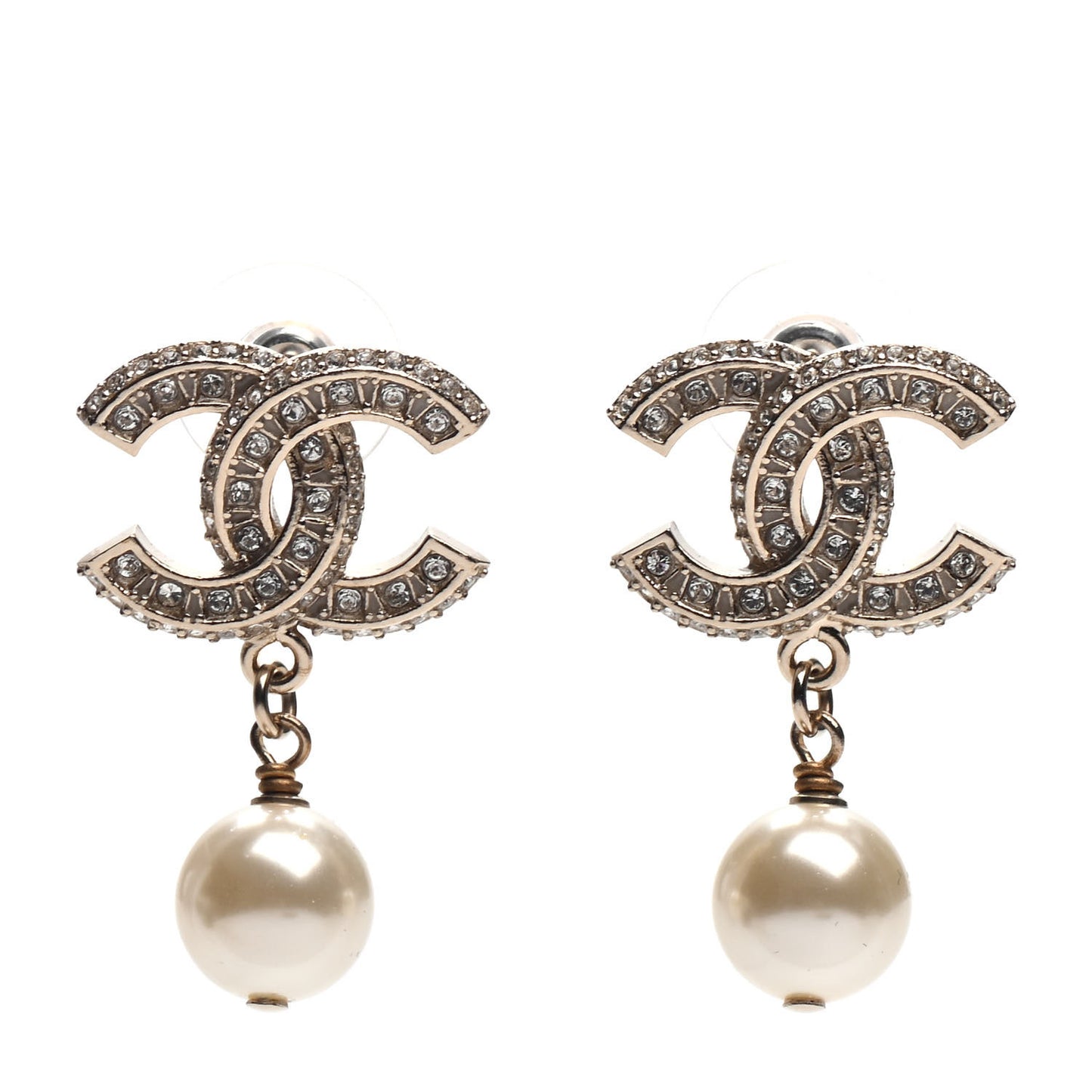 Crystal Pearl CC Drop Earrings Gold