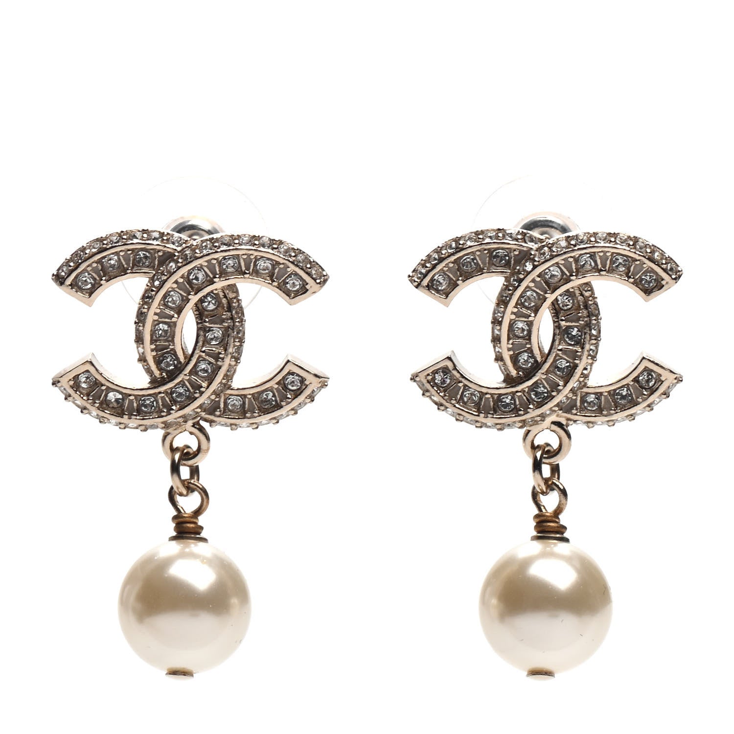 Chanel Crystal Pearl CC Drop Earrings Gold 1 of 5