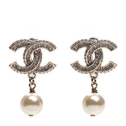 Chanel Crystal Pearl CC Drop Earrings Gold 1 of 5