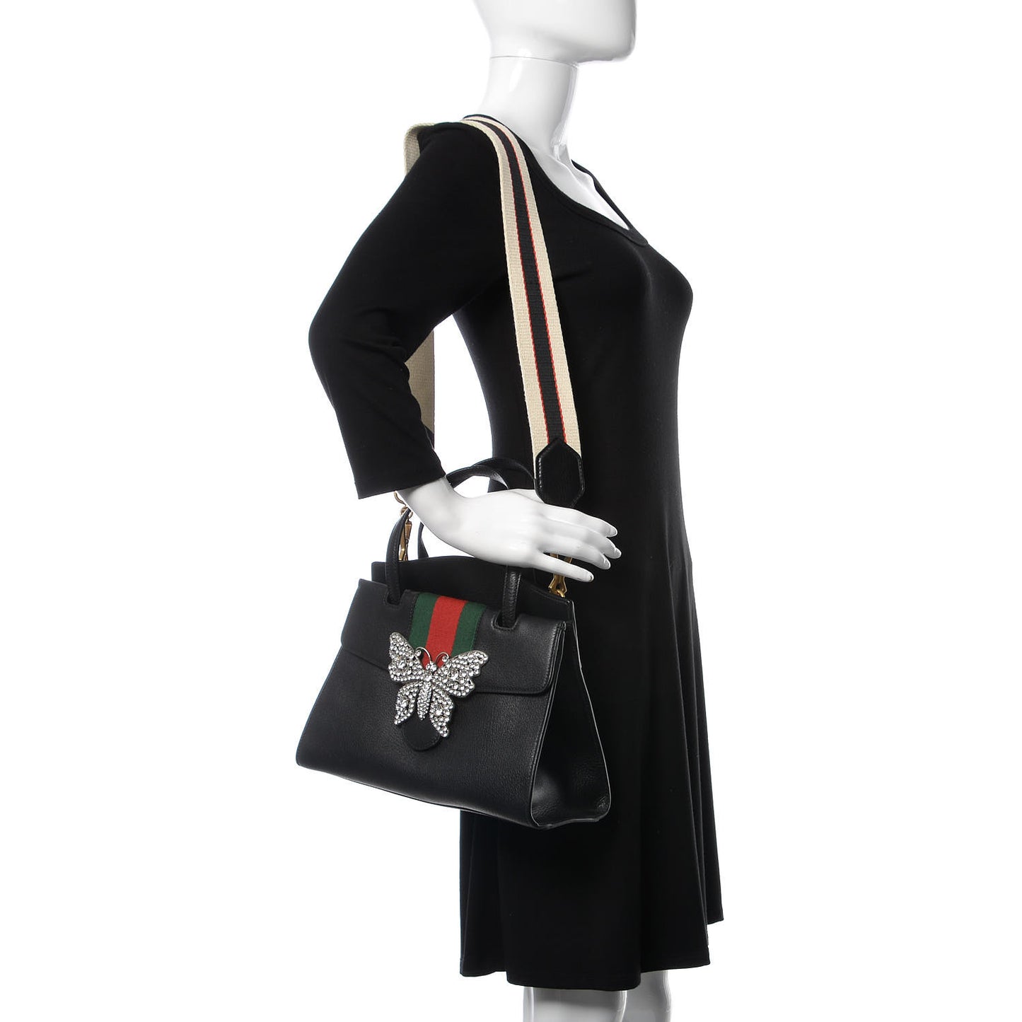 Grained Calfskin Web Crystal Butterfly Stripe Medium Totem Top Handle Bag Black