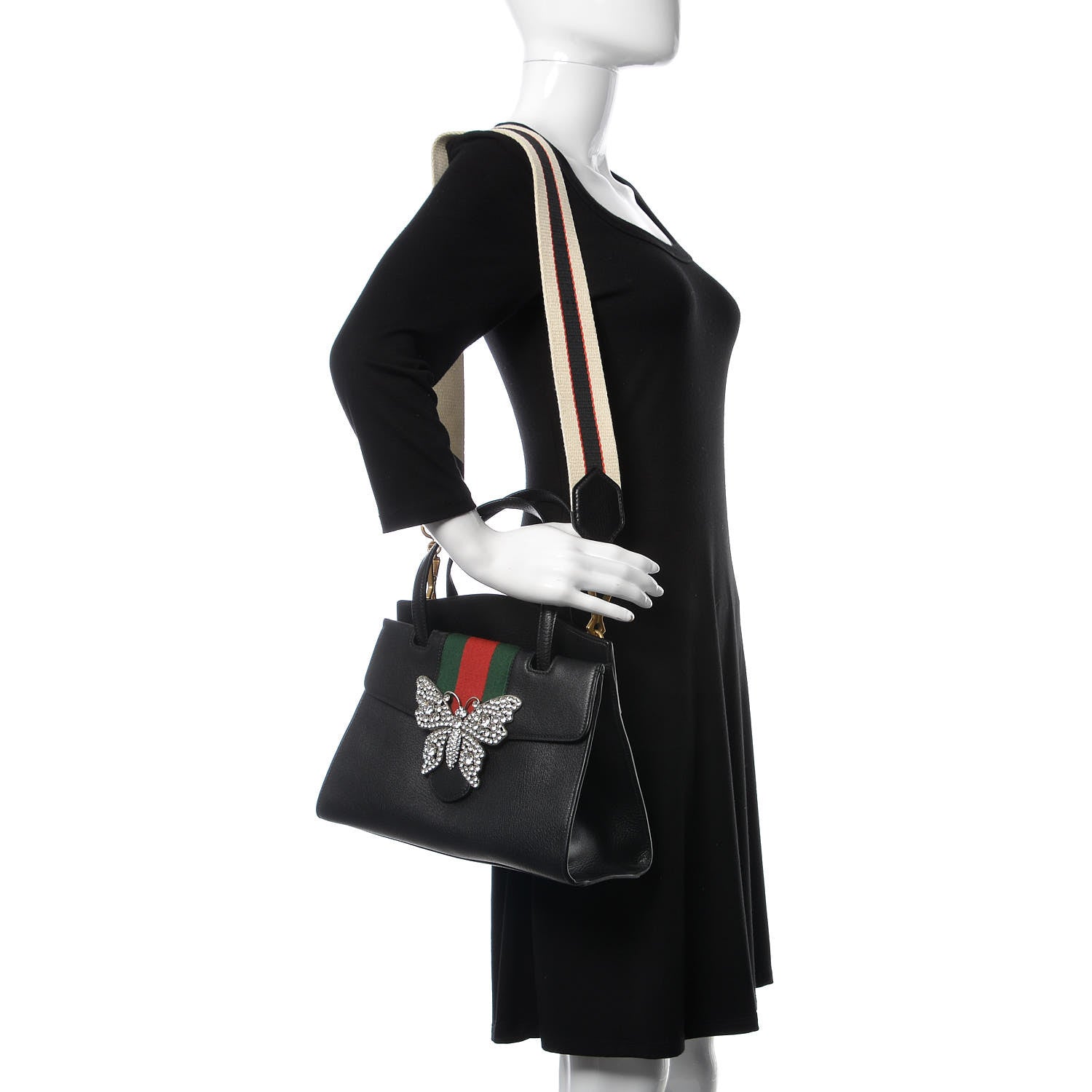Gucci Grained Calfskin Web Crystal Butterfly Stripe Medium Totem Top Handle Bag Black 2 of 13