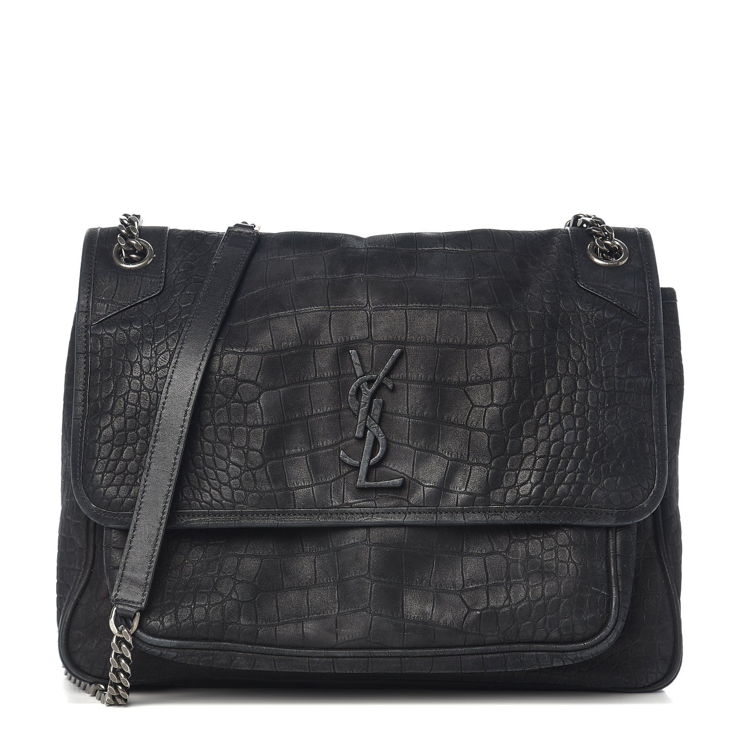 Nubuck Crocodile Embossed Monogram Medium Niki Chain Satchel Black