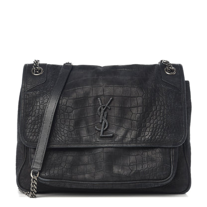 Saint Laurent Nubuck Crocodile Embossed Monogram Medium Niki Chain Satchel Black 1 of 9