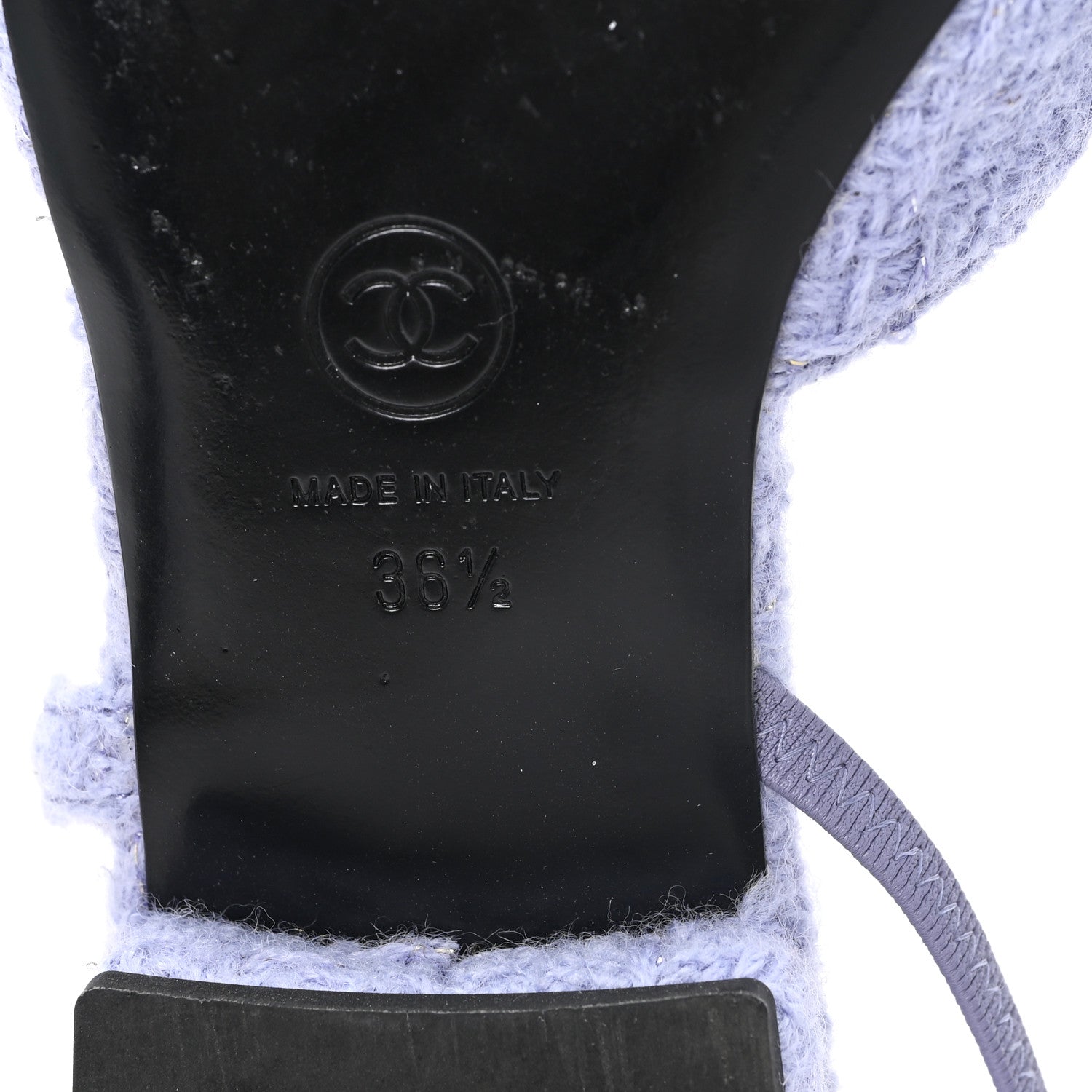 Chanel Iridescent Wool Tweed Patent Cap Toe CC Slingback Flats 36.5 Light Purple Silver Black 7 of 10