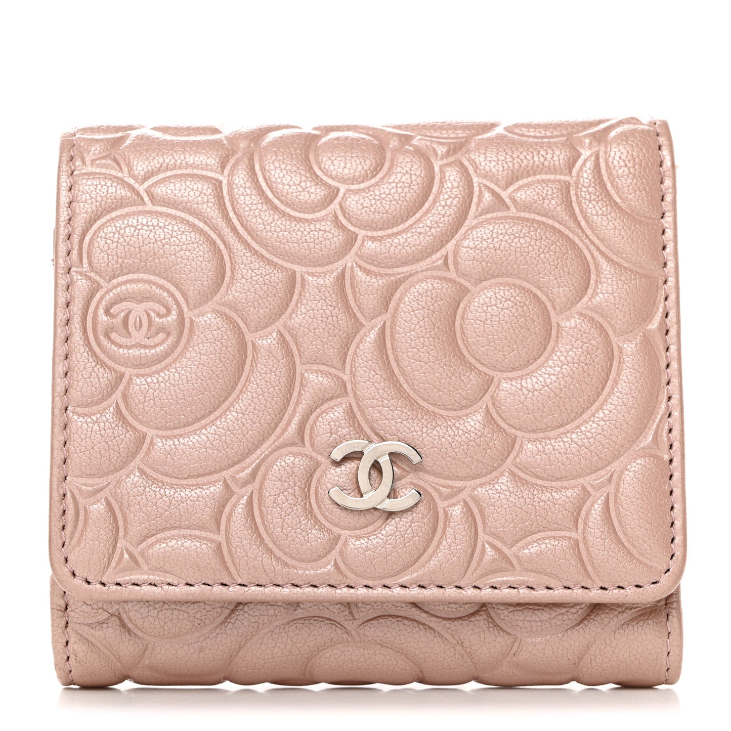 Goatskin Camellia Embossed Compact Wallet Pink