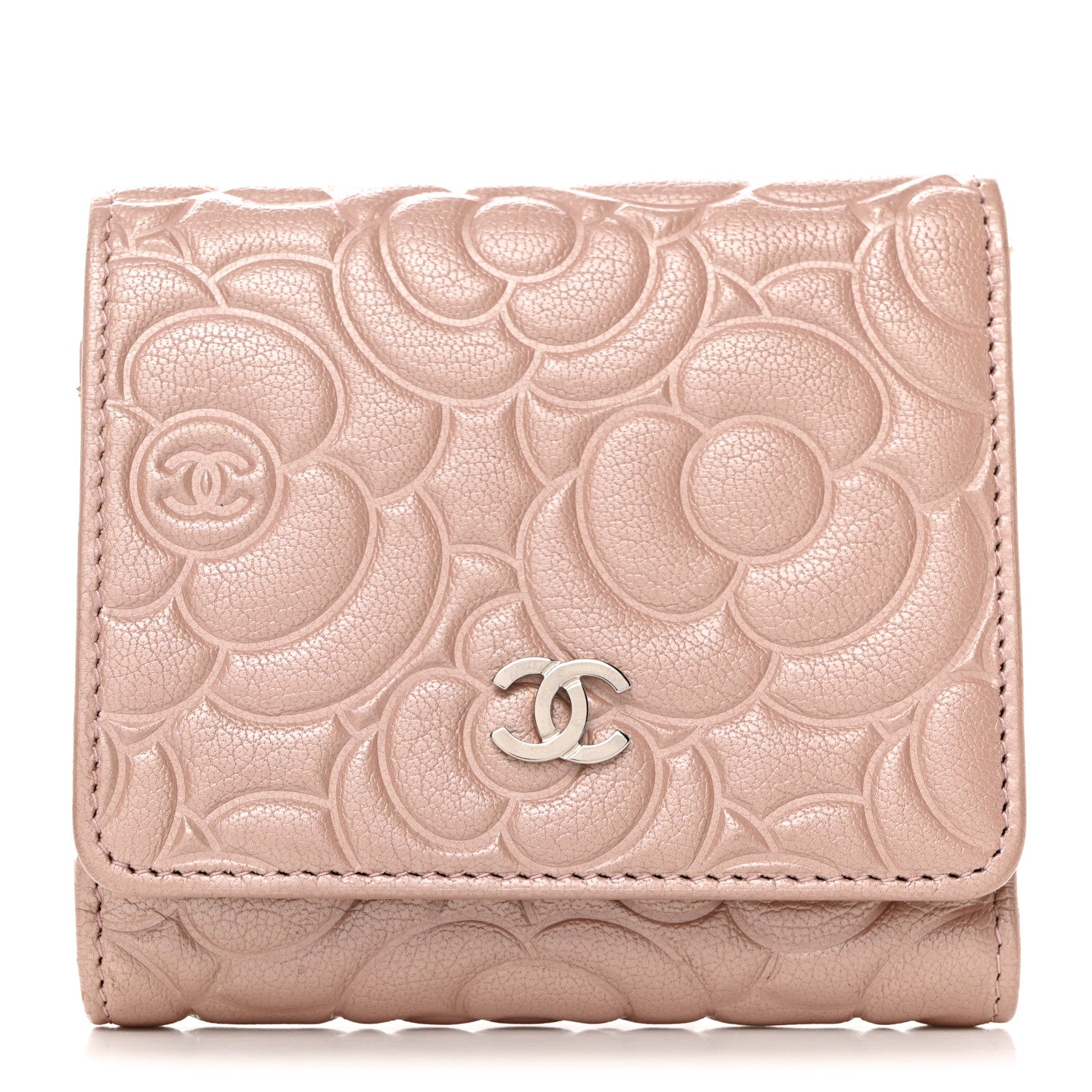 Chanel Goatskin Camellia Embossed Compact Wallet Pink 1 of 8