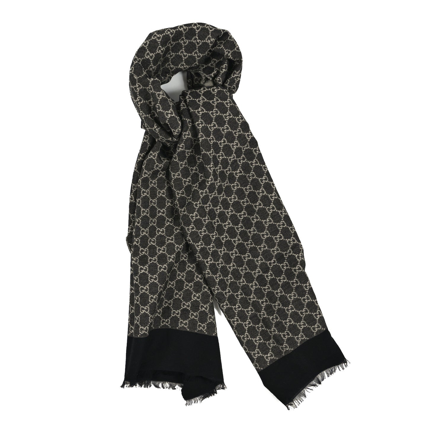 Cotton GG Monogram Fringe Scarf Grey Black
