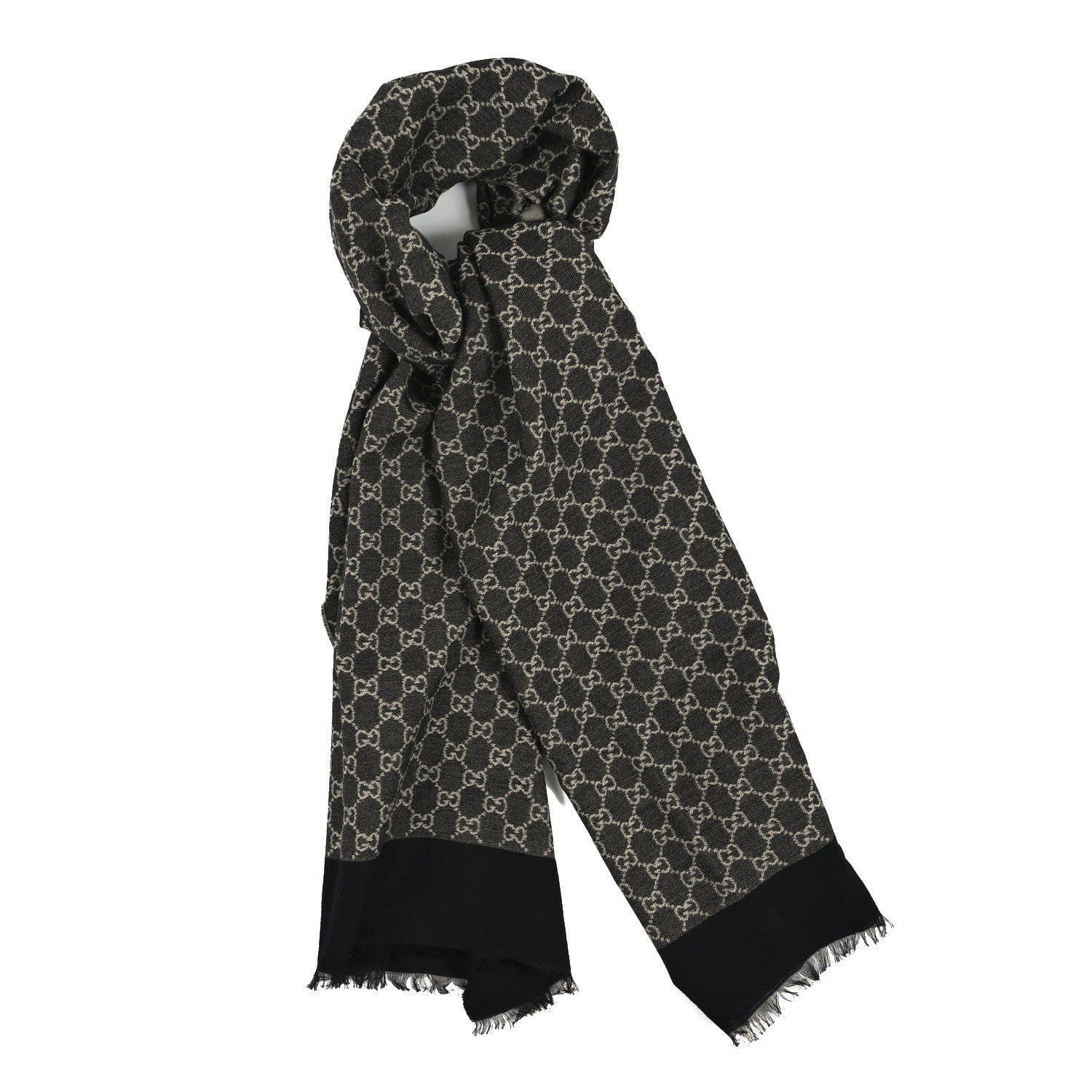 Gucci Cotton GG Monogram Fringe Scarf Grey Black 1 of 4