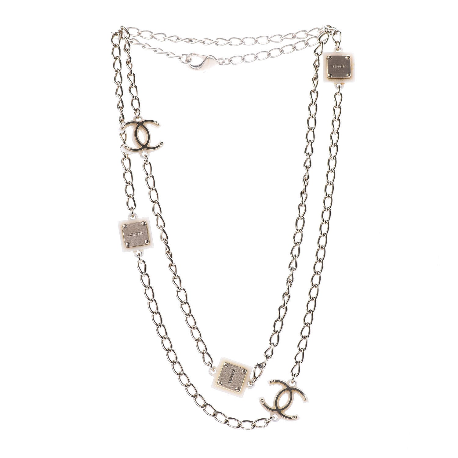 Chanel Resin Square CC Necklace White Silver 3 of 7