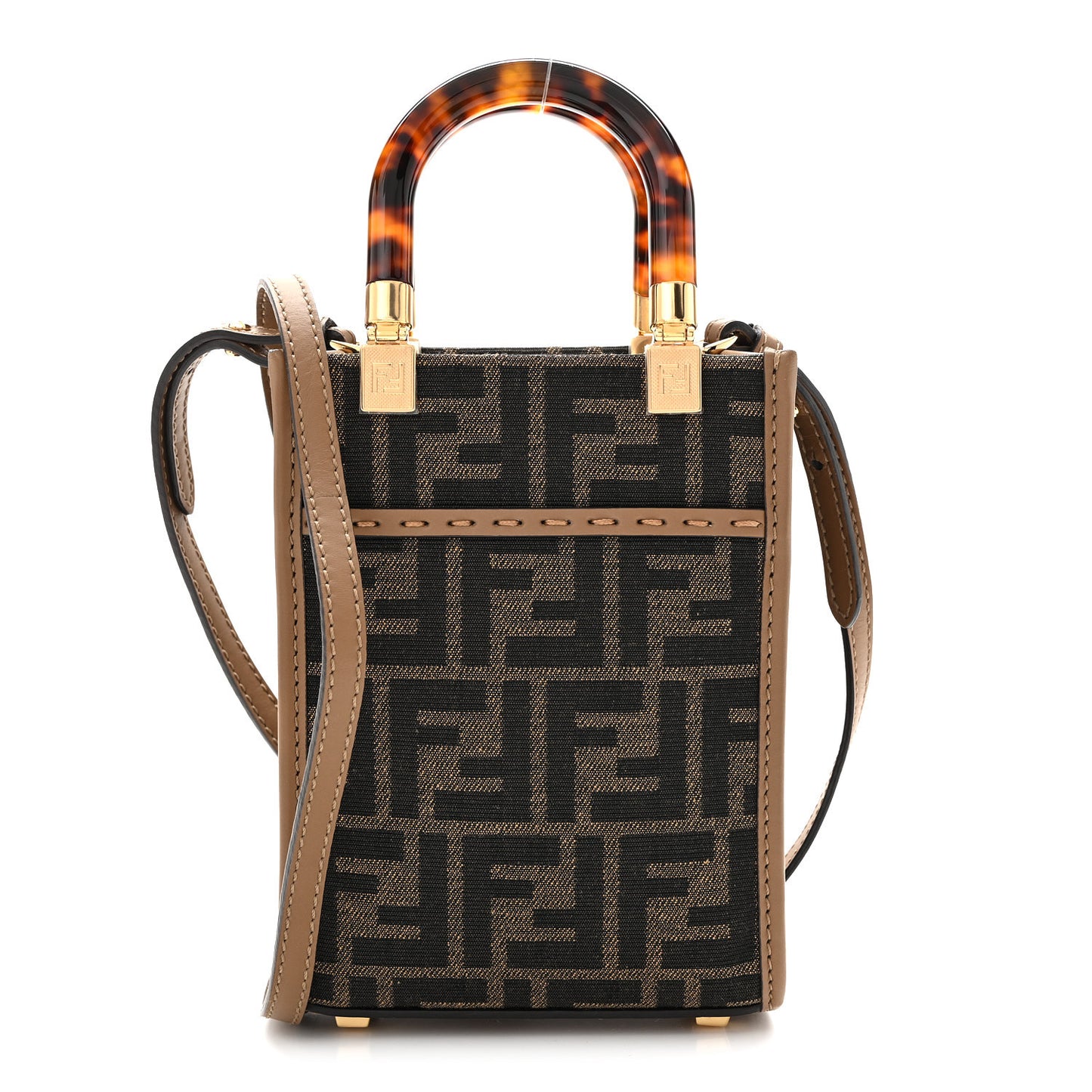 Fabric Jacquard Vitello King Plexiglass FF 1974 Mini Fendi Sunshine Shopper Tote Tobacco Moro Sand