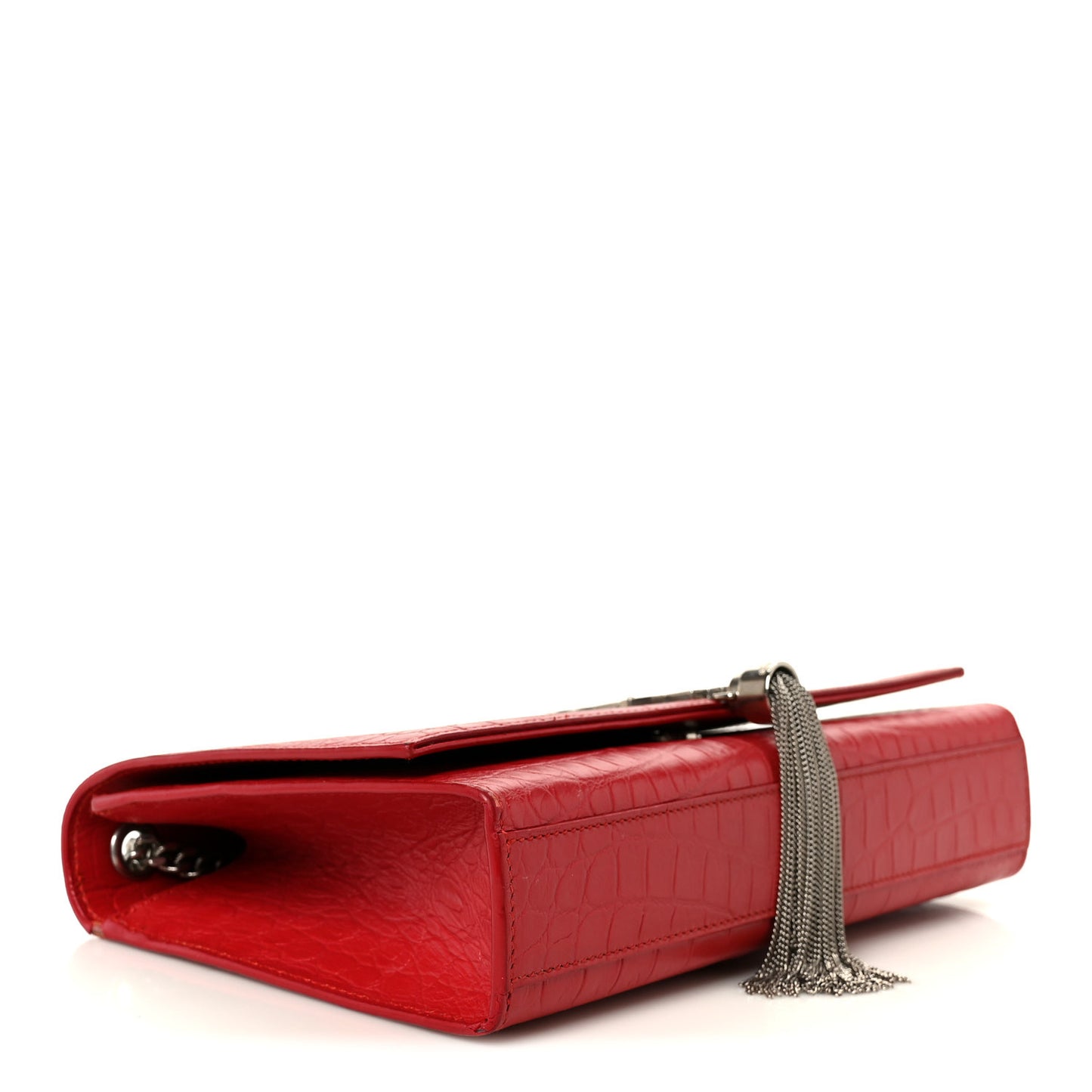 Calfskin Crocodile Embossed Medium Classic Monogram Kate Tassel Satchel New Red