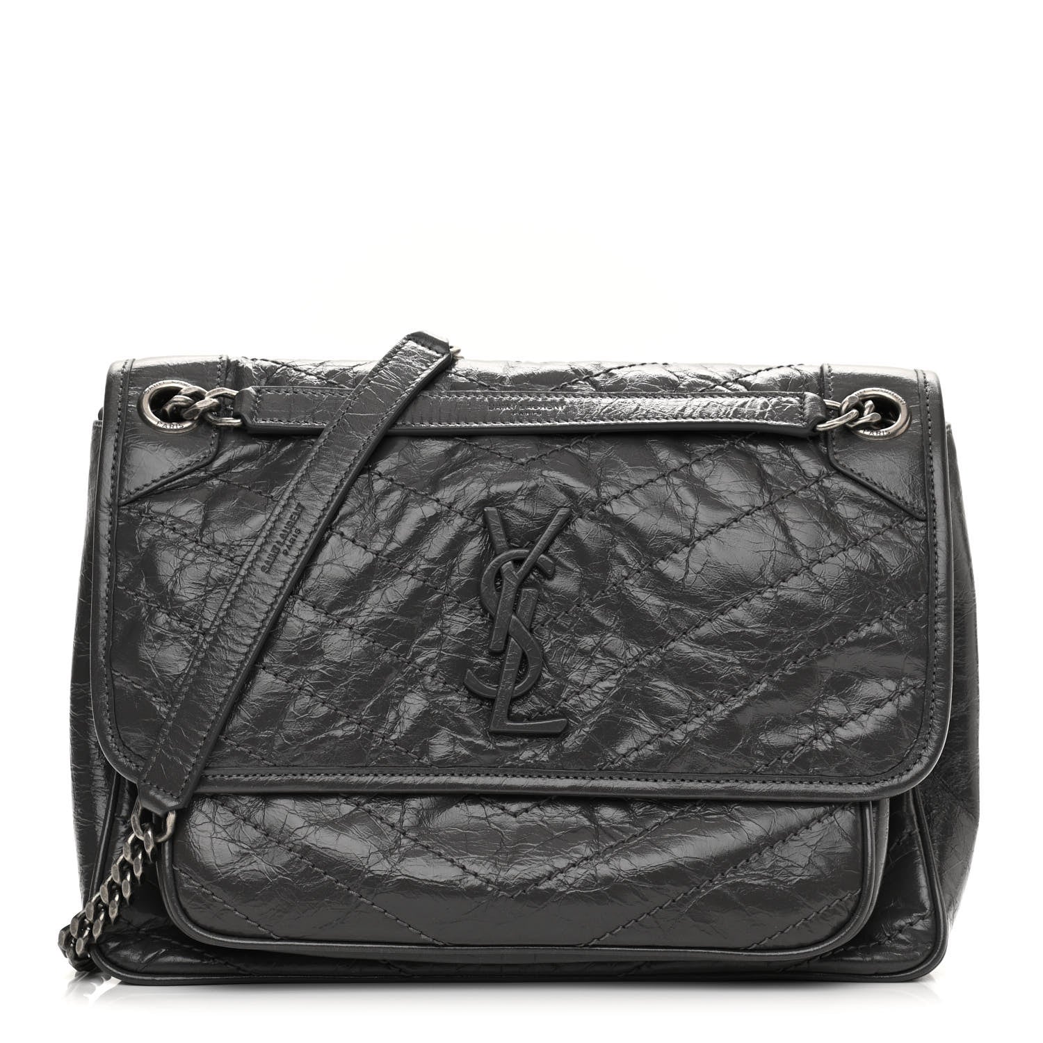 Saint Laurent Crinkled Calfskin Matelasse Monogram Medium Niki Chain Satchel Storm 1 of 10