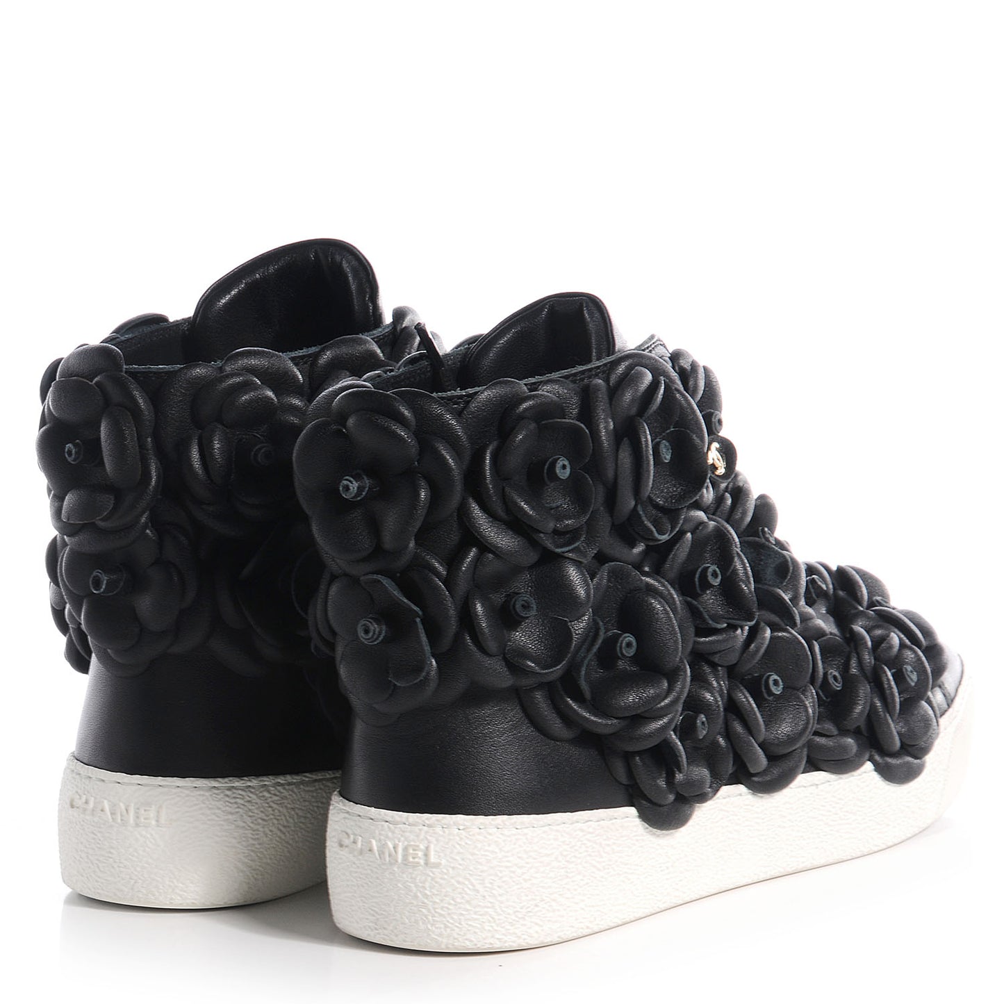 Calfskin Camellia High Top Sneakers 36 Black